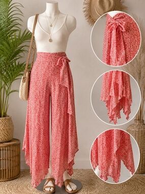 Kiwi Punch Coral Boho Resort Pants Medium Tie Waist Handkerchief Hem